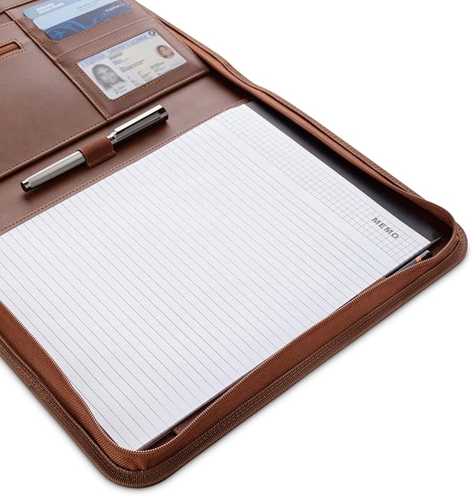 Forevermore Portfolios Padfolio Binder - Professional Faux Leather Travel Organizer Pouch for Tablet, Documents, Presentation Folders, Zipper Closure, Notepad - Brown