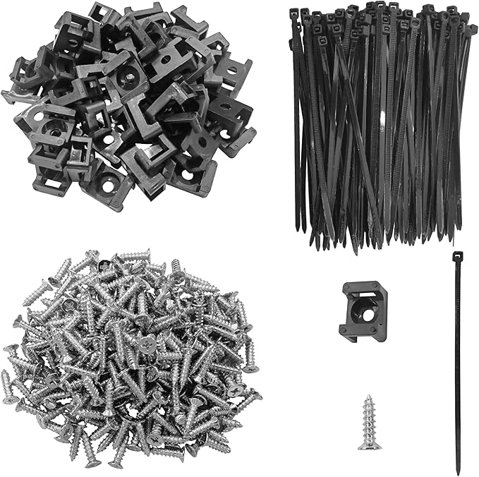 200pcs Cable Zipper Tie Saddle Mounting Base with 200pcs Cable Ties and 200pcs Self-Tapping Screws for Home/Office/Outdoor/Garden, Cable Tie Fixing Base, Wire Management