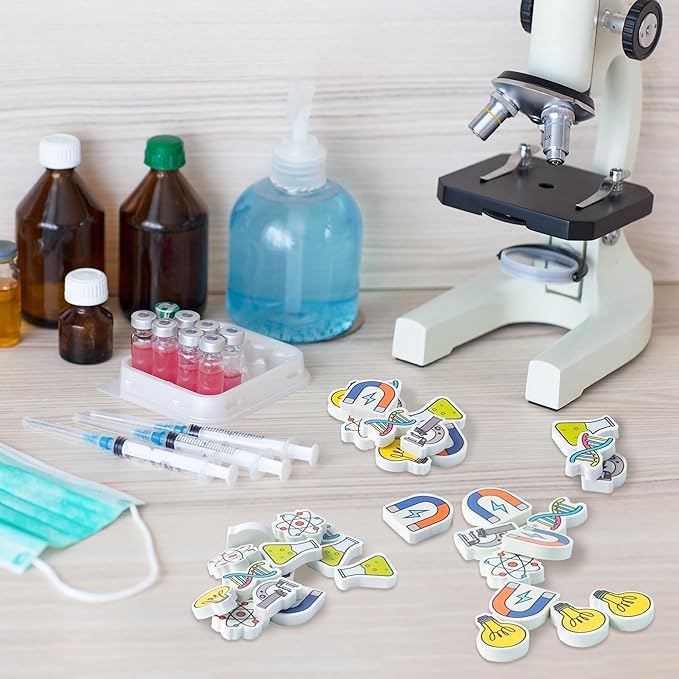 ANGOLIO Science Mini Eraser - 60P Summer Back to School for Kids Bulk Novelty Including microscopes U Shaped Magnets Lamp Bulb Pattern Pencil Eraser for Student Homework Summer Reward Classroom Prizes