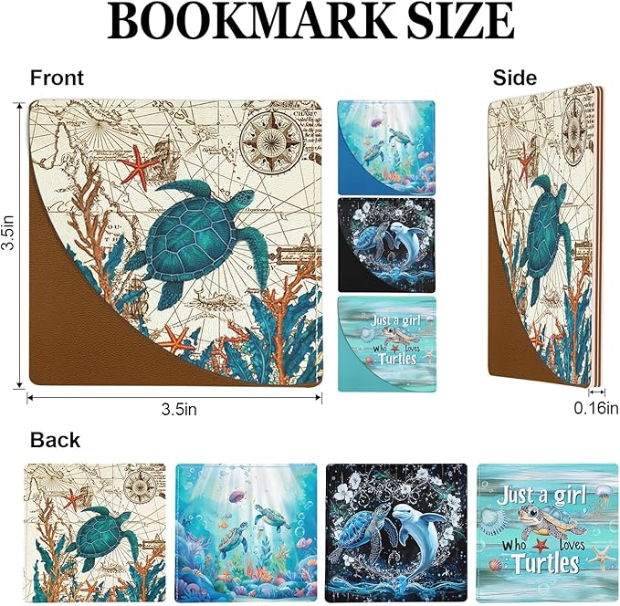 4 Pcs Sea Turtle Corner Bookmarks, Cute Leather Book Accessories for Book Lovers, Funny Reading Book Page Markers for Women Girls Men Teacher Student Boys Kids Retirement Birthday Gifts
