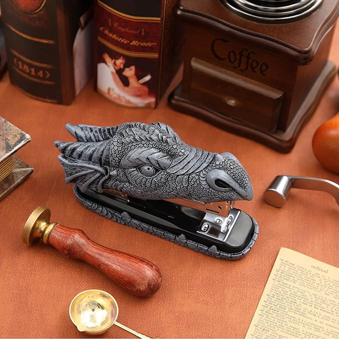 Pajean Dragon Stapler with 2000 Staples, Dragon Head Stapler Novelty Stapler Funny Carving Resin Faucet Stapler for Office Desk Stationery Desktop Accessory Home Decor(Grey)