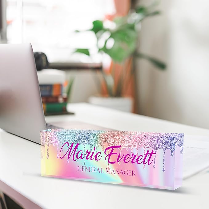 Personalized Name Plate for Desk, Custom Desk Name Plate, Acrylic Name Plate Office Desk Accessories, Personalized Office Gifts for Coworkers Teachers, Employee Appreciation Gifts (B-Colored Crystal)