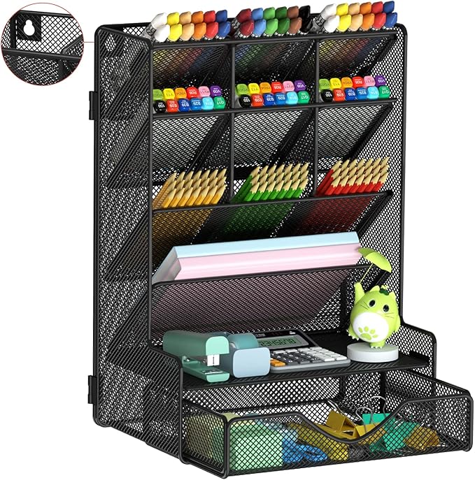 Pen Organizer for Desk, Multi-Functional Desk Organizer, Wall Mount Pen Holder with Drawer for School, Office, Home, Art Supplies, Black
