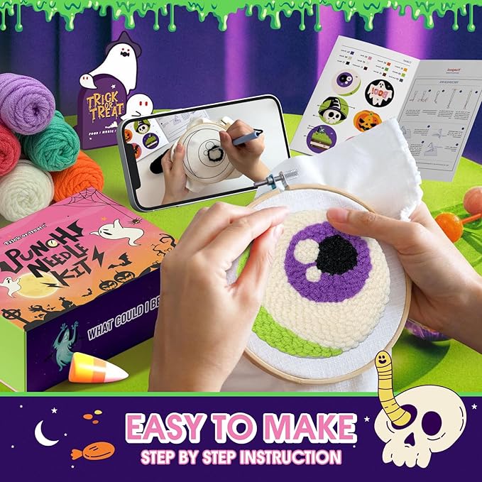 yuegool 6PCS Enchanted Oddities Punch Needle Coasters Kit – Easy DIY Embroidery Kit for Beginners, Adults & Kids | Includes Patterns, Tools, Yarns, Hoop, Instructions, Coaster Holder