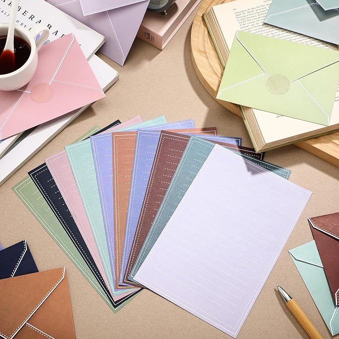 TaoBary 160 Packs Stationery Paper Set (50 Double Sided Stationery Writing Papers 50 Matching Envelopes) 60 Round Dot Sticker, 10 Design (Morandi Color)