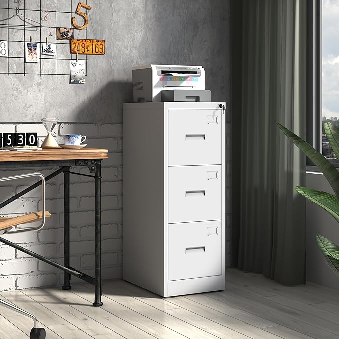 3 Drawer Metal File Cabinet with Lock,White Steel Filing Cabinets Heavy Duty Locking Vertical File Cabinet Home Office Storage Cabinet for Legal/Letter Size File,Assembly Required