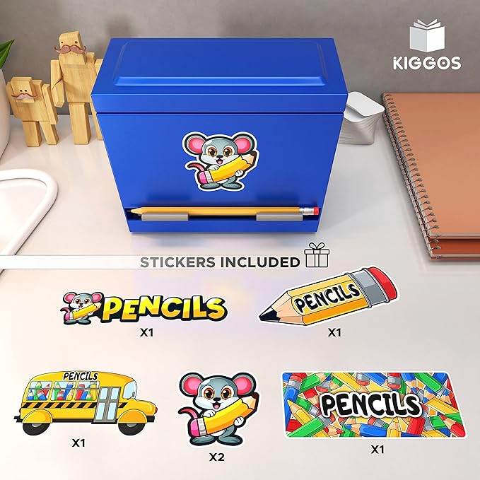 Pencil Dispenser Holder Blue Stainless Steel Dispenser for Pencils with 6 Beautiful Stickers for Decoration Metal Pencil Dispenser for Classroom Home Office Teachers Students (Pencils Not Included)