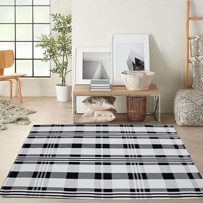 Fall Décor Plaid Rug, 3' x 5' Black&White Check Indoor/Outdoor Area Rug, Layering Rug for Hello/Welcome Door Mat, Machine Washable Cotton Woven Rugs for Farmhouse Front Porch, Entryway