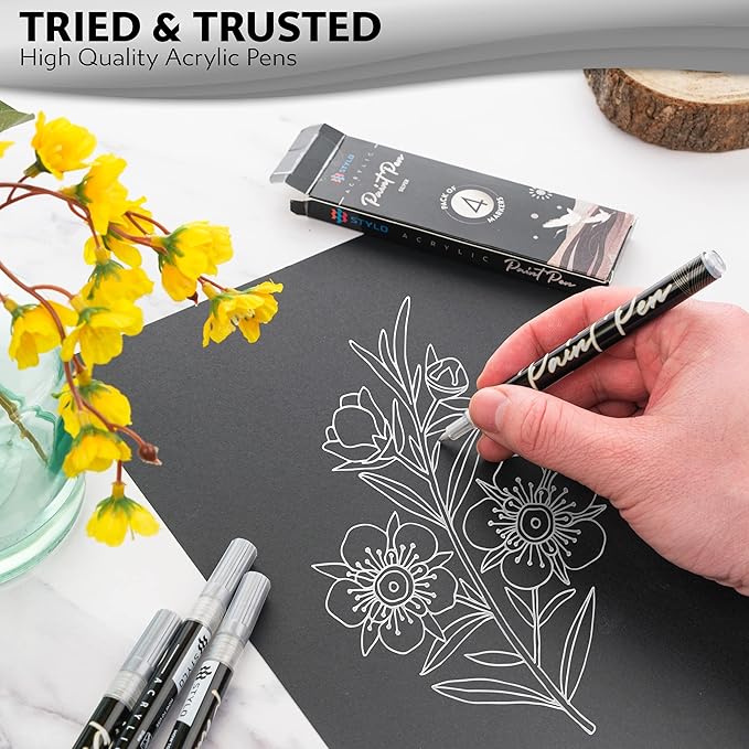 Stylo 4 Count Acrylic Metallic Pens - Silver Paint Pens - Fine Tip Permanent Acrylic Metallic Paint Markers for Rock Painting, Glass, Wood, Ideal for Arts and Crafts (Pack of 4, Silver)
