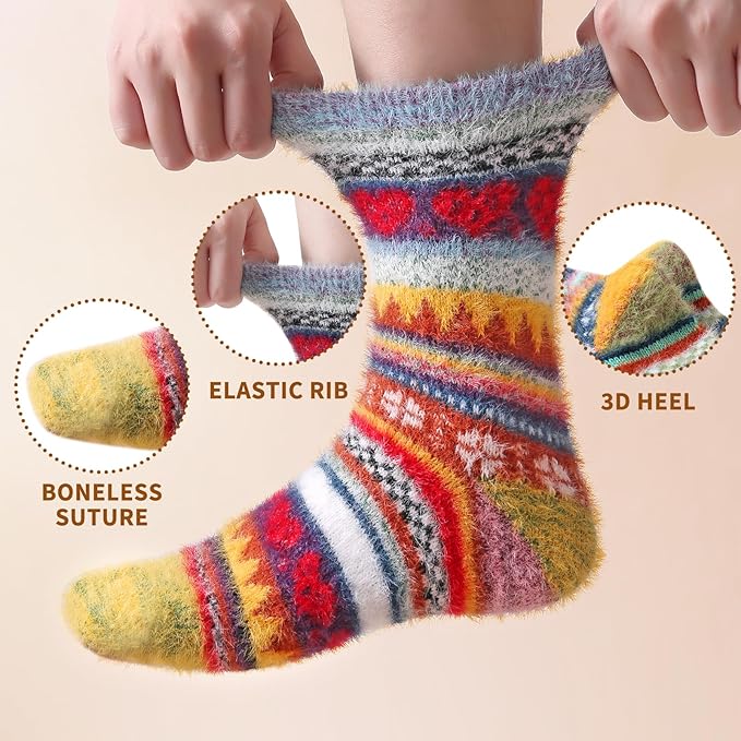 ICEIVY 5 Pair Fuzzy Cozy Socks for Women - Warm Comfy Soft Casual Home Sleep Winter Wool Socks - Gifts for Women