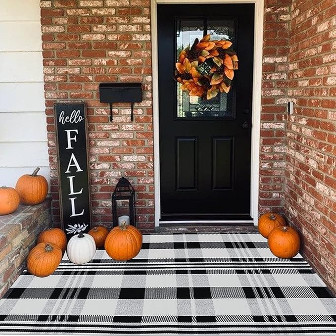 Buffalo Plaid Rug 4' x 6' Black and White Outtdoor Rug Cotton Hand-Woven Checkered Front Welcome Door Mat Indoor/Outdoor Area Rug for Front Porch,Kitchen,Bathroom,Entry Way,Living Room (4' x 6')