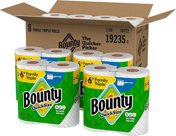 Bounty Quick-Size Paper Towels, White, 8 Family Triple Rolls = 27 Regular Rolls