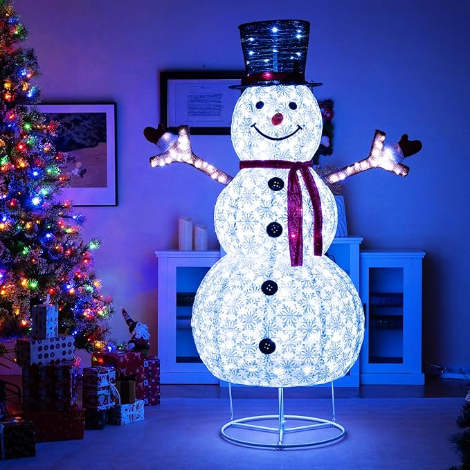 Tangkula 6 FT Pre-Lit Christmas Snowman w/Built-in Lights, Xmas Snowman w/Black Hat, Branch Hands & Snowflake Patterns, Zip Ties & Ground Stakes, Decorative Christmas Snowman for Yard, Garden