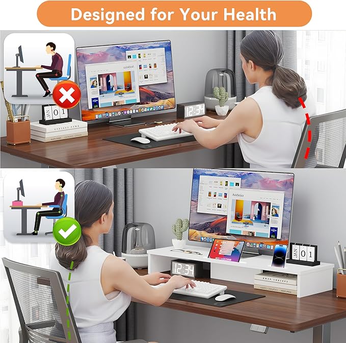 Dual Monitor Stand Riser with LED Lights and Phone Tablet Holder, 35.8in Large Monitor Stand for Desk, Computer Monitor Stand for 2 Monitors, Desktop Shelf Organizer for Laptop, Printer, TV