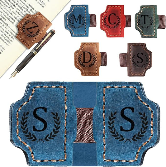 Bygone Mark Bookmark with Pen Holder, 26 Letters Name Initial Personalized Magnetic Bookmarks, Leather Book Mark for Men Women, Travelers Accessories, Teachers Readers Book Lovers Gifts (Blue, S)