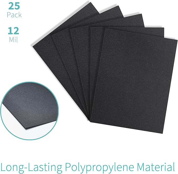 Binditek 25 Pack 12 Mil Sand-Textured Polycover, Midweight Binding Front and Back Covers, Lightly Sanded Finish, 8-1/2" x 11", Square Corners, Un-Punched, Black, Office Supplies