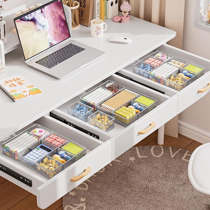 Marbrasse 3 Packs Desk Drawer Organizers, Metal Mesh Dividers with 9 Adjustable Compartments, Pen Organizer for Drawer Tray Box Accessories for Desktop,Kitchen, Makeup(Silver)