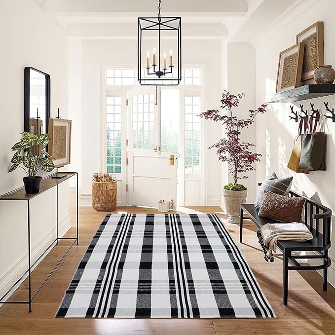 Fall Décor Plaid Rug, 4' x 6' Black&White Check Indoor/Outdoor Area Rug, Layering Rug for Hello/Welcome Door Mat, Machine Washable Cotton Woven Rugs for Farmhouse Front Porch, Entryway