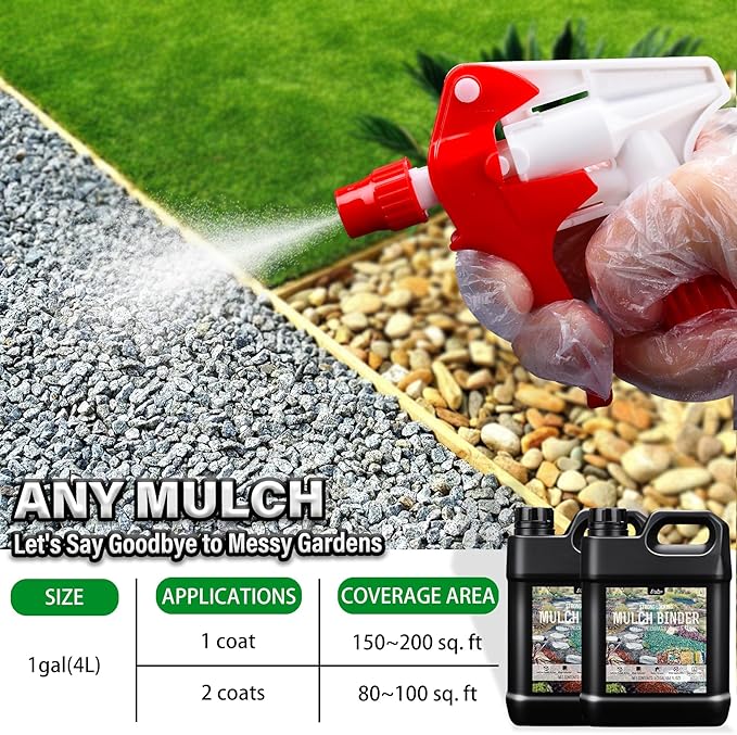 Mulch Glue - 1 Gallon / 128oz Mulch Adhesive Gravel Binder with Applicator for Landscaping, Garden - Non Toxic Ready to Use Landscape Lock Glue Mulches Stabilizer for Pea Gravel, Rock, Stones, Bark