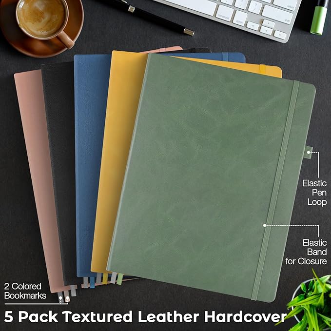 5 Pack College Ruled Notebook, A4 Hardcover Leather Notebook for Work, Lined Notebook Journal for Women, Men, 192 Thick Paper, 8.5" x 11", Large Notebook, Professional Business Notebook, Multicolor
