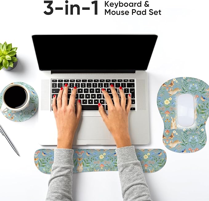 Mouse Pad Wrist Rest Support Keyboard Set Circle Coaster Gaming Mouse Pad Ergonomic Gel Memory Foam Set for Computer, Laptop, Office, Pain Relief, Comfortably Typing Rabbit KM-40