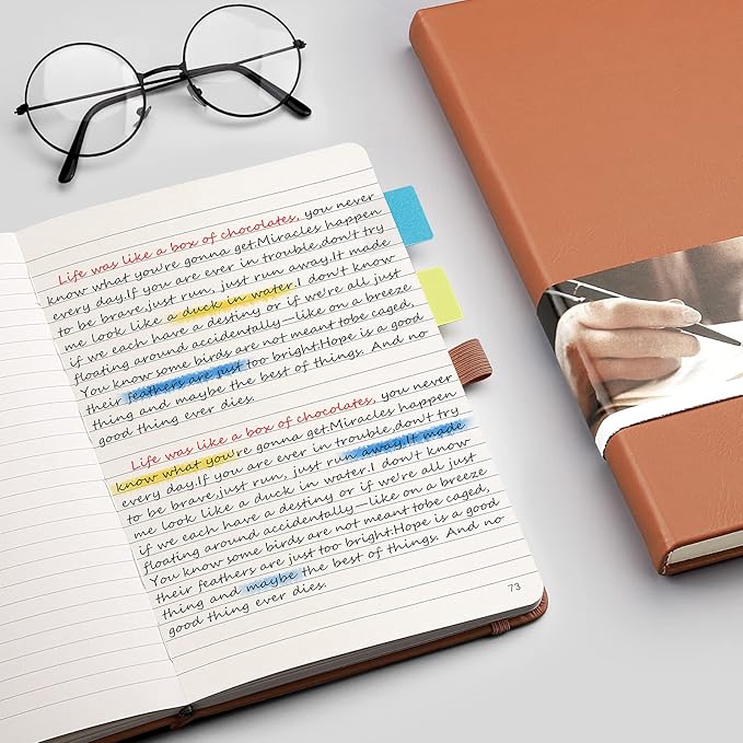 EMSHOI Lined Journal Notebook, 120 gsm Leather Hardcover with Sticky Notes & 256 Numbered A5 Pages – College Ruled Notebook for Writing, Work, School, Men, Women | 5.75”x8.38” – Brown