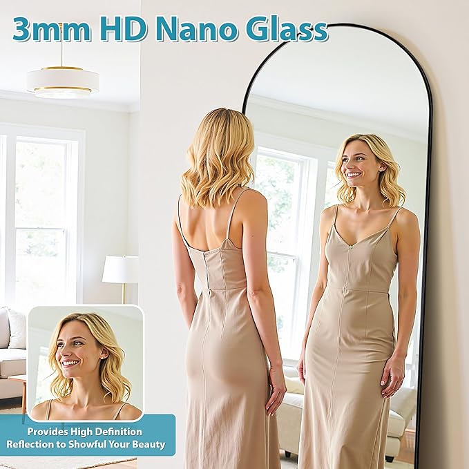 Full Length Mirror, 71"x26" Oversized Floor Mirror Freestanding, Full Body Mirror Floor Standing Mirrors with Stand, Hanging Mounted Mirrors for Bedroom Living Room, Black, Arched Style