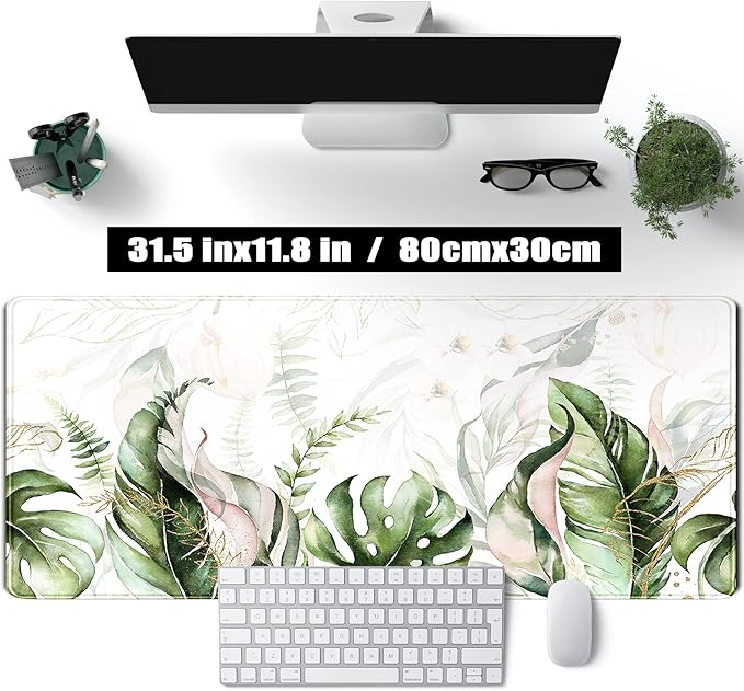 Green Tropical Leaves Desk Mat XL Large Gaming Mouse Pad Green Sage Plant Laptop Keyboard Mouse Mat Office Supplies Desk Decor Accessories for Women, Desk Mats Pads on top of Desks, 31.5x11.8 in