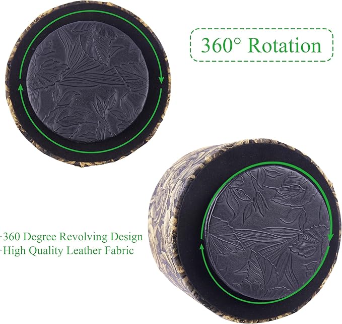 QIELIZI Round Leather Art Supply Organizer,Remote Control Holder,360 Degree Rotating,Multi-Functional Pencil Holder,4 Compartments Desktop Stationary Organizer(1-3D Rose Yellow)