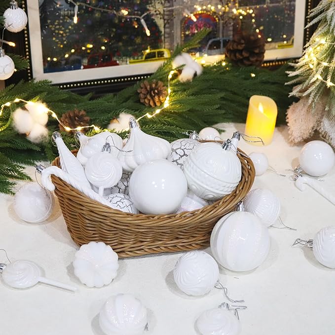 Christmas Tree Ornaments 36 pcs Multi-Size Candy Cane Shatterproof Ball Ornaments Set for Christmas Holiday Wreath & Party Decorations,White