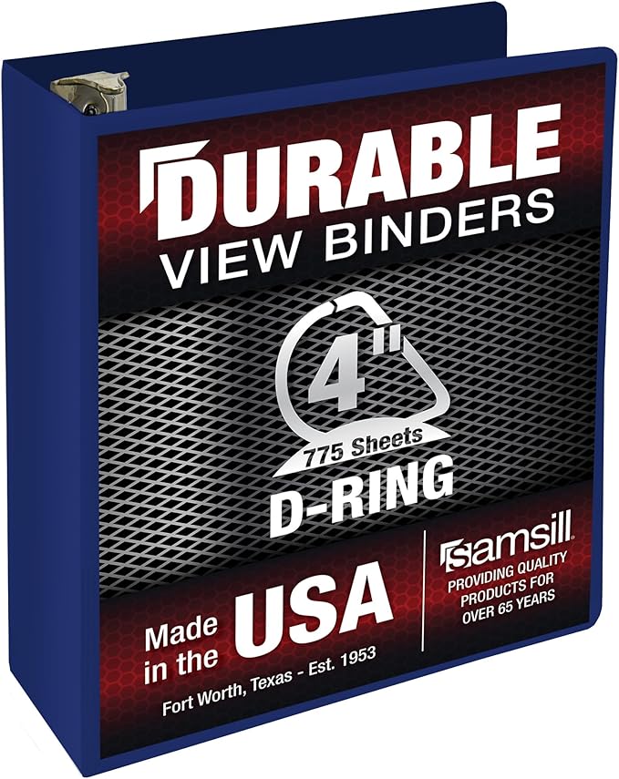 Samsill Durable 4 Inch Binder, Made in The USA, Locking D Ring Binder, Customizable Clear View Cover, Dark Blue, Holds 775 Pages