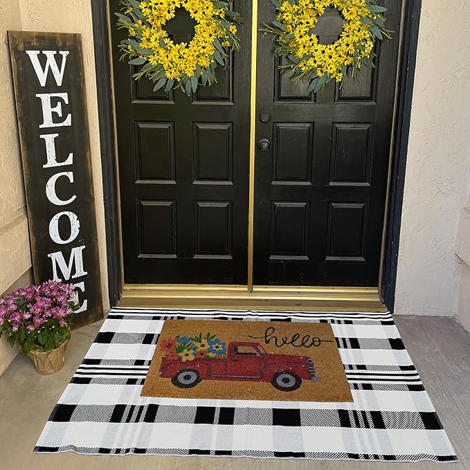 CAINANEL Buffalo Plaid Outdoor Rug Black and White Check Rug 35.4'' x 59'' Cotton Hand-Woven Checkered Front Welcome Door Mat Indoor/Outdoor Area Rug for Front Porch,Kitchen,Entry Way,Living Room