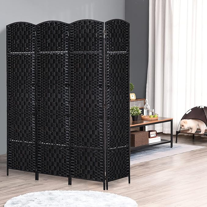 HOMCOM Room Divider 4 Panels Folding Privacy Screen 6FT Tall Portable Wicker Weave Partition Wall Divider for Bedroom Home Office, Black
