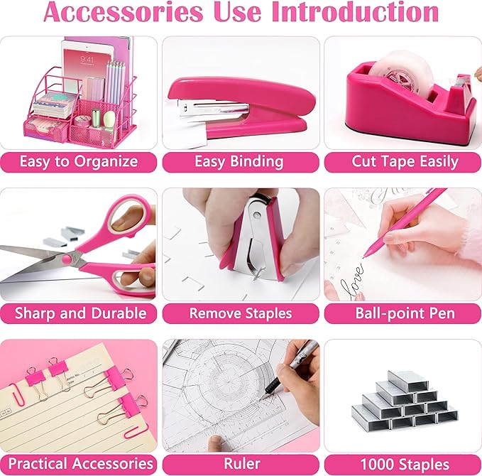 Hot Pink Office Desk Accessories Supplies, 12pcs Desk Organizers and Accessories with Tape dispenser,Stapler,Staples,Staple Remover,Pen Holder,Scissor,Ruler,Sticky Tabs,Tape,Ballpoint Pen,Clips Set