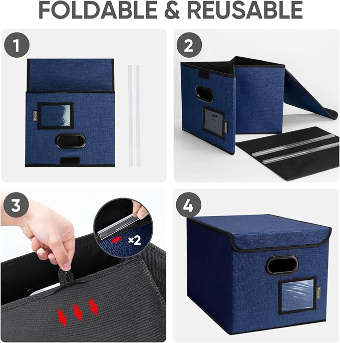 BALEINE File Organizer Box with Lid, Collapsible File Folder Organizer with Plastic Slide, Hanging File Folder Box for Office Document Storage (2 Pack, Blue)