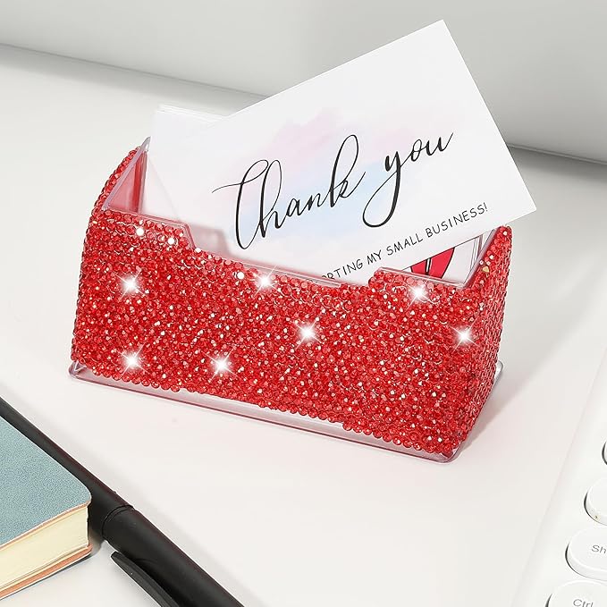 PATIKIL Rhinestone Business Card Holder, Crystal Business Card Holders Bling Business Card Organizer Display Stand for Desktop Desk Office Exhibition, Red