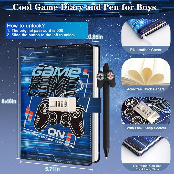 Game Diary with Lock for Boys Ages 8-12, Video Game Journal with Lock, Diary for Teen Boys 10-18, Christams Birthday Gifts for Kids Journal with Pen, Gaming Notebook Writing Gifts for 10 11 12 13 14 15 Teenages