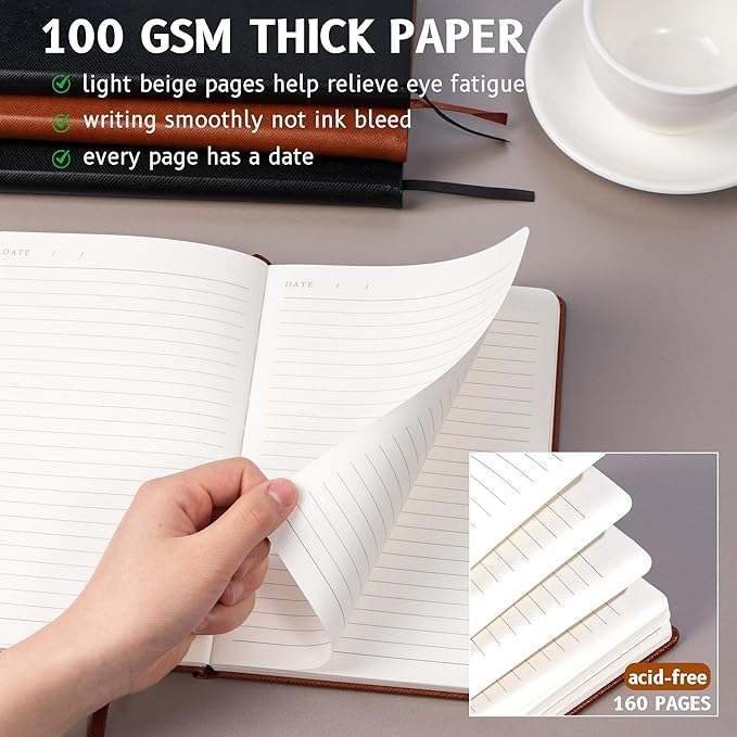 Lined Journal Notebooks for Work 2 Pack, 320 Pages, Medium 5.5 in x 8.5 in - 100 GSM Thick Paper, Hardcover Journal Leather Notebook for Writing & Note Taking, Brown & Black