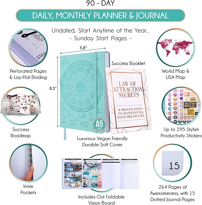 Manifestation Journal - 5 Minute Manifesting & Self Care Journal | 90-Day Undated Daily Planner for Positivity, Affirmations & Gratitude | Guided Mindfulness, Reflection | Vision Board + Stickers