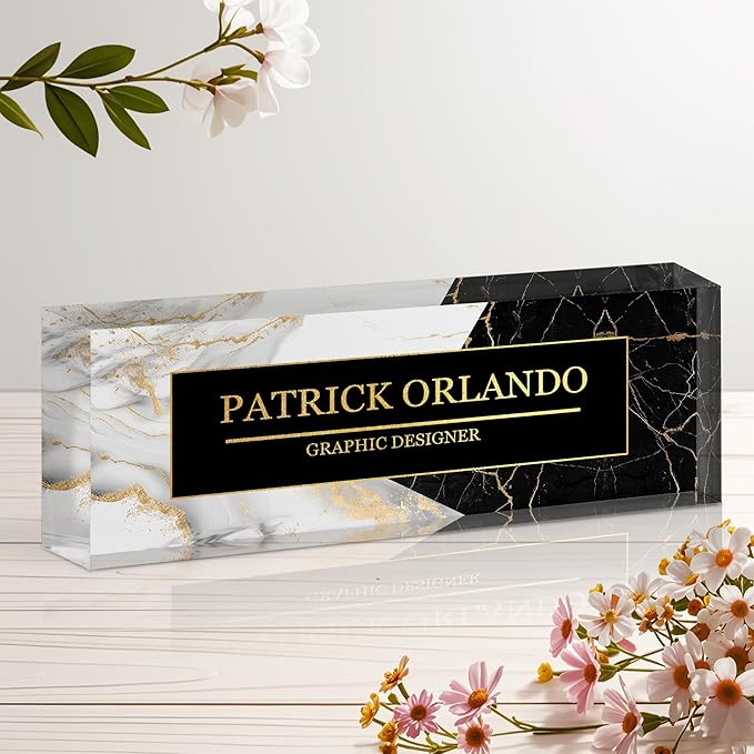 Ship Next Day Personalized Name Plate for Desk, Custom Acrylic Desk Name Sign, Office Appreciation Gifts for Women Men Coworkers Boss Teacher Employee (B/W Marble)