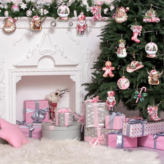 Huwena 36 Pcs Pink Christmas Ornaments Wooden Western Christmas Decorations for Tree Nutcracker Gingerbread Man Cowgirl Boots Hat Wood Cutouts Tags with Ropes Winter Decor for Xmas Tree Wreath Gifts