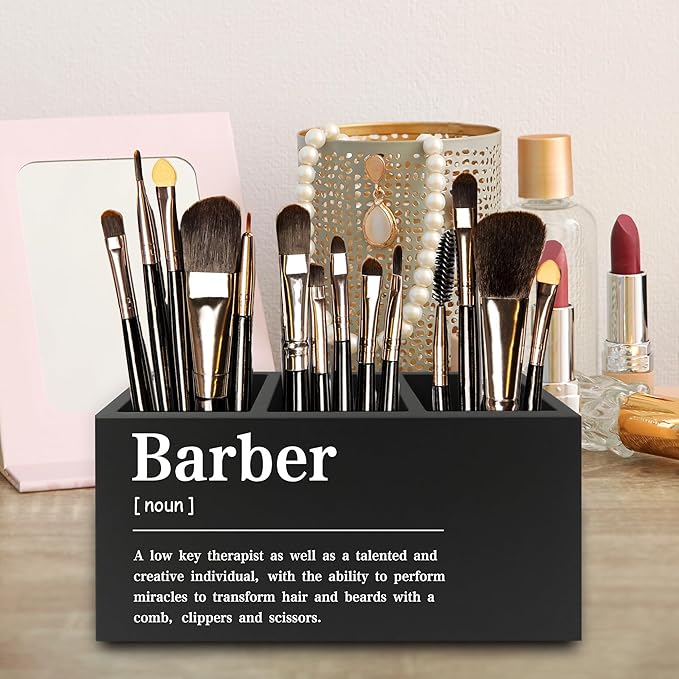 Barber Definition Pen Pencil Holder Organizer for Desk, Salon Barbershop Decor, Modern Minimalist Barber Shop Wooden Box Signs Decorations for Home Office Desk Tabletop