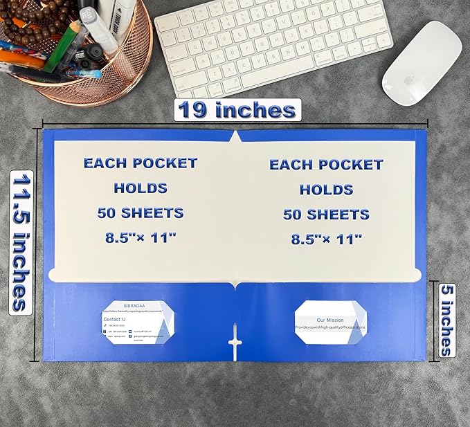 BIBRADAA® 50 Packs Blue Paper Folders with Pockets,Paper Folder Surface with Waterproofing,Letter Size,Holds 100 Plus Sheets,for School,Office,Business.(50, Dark Blue)