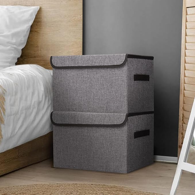 Large 42 Quarts Fabric Storage Bins with Lids [2-Pack] Linen Collapsible Foldable Storage Cubes, Closet Organizer Containers boxes with Handles for Home Office (16.7 x 12 x 12, Gray)