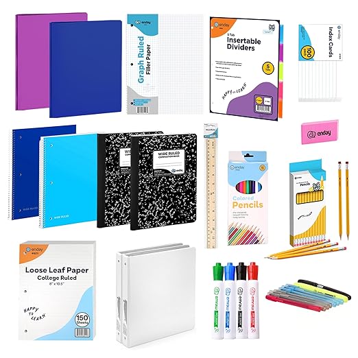 Enday Middle School Supplies Kit - 6th, 7th, and 8th Grade Back to School Supplies - 55 Piece, Premium Quality Kids School Supplies for Girls & Boys, Grades 6-8 Middle School Supplies for Kids
