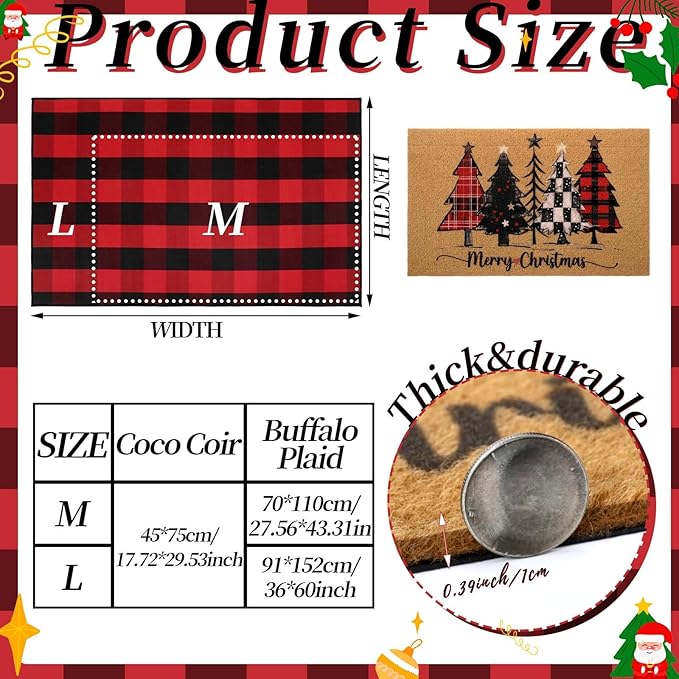 2 Pcs Christmas Front Porch Rug Buffalo Plaid Christmas Front Door Mats Imitation Coco Coir Xmas Welcome Layering Rugs for Outdoor Home Winter Festival Holiday Farmhouse Decor, 36 x 60 Inch