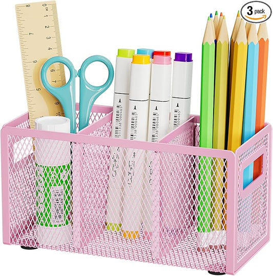 Marbrasse Mesh Pen Holder for Desk,Pencil Holder Desk Organizer 3 Adjustable Compartments,Pencil Cup with Handle Perfect for Classroom, Office, Home,Makeup,Art (Pink)