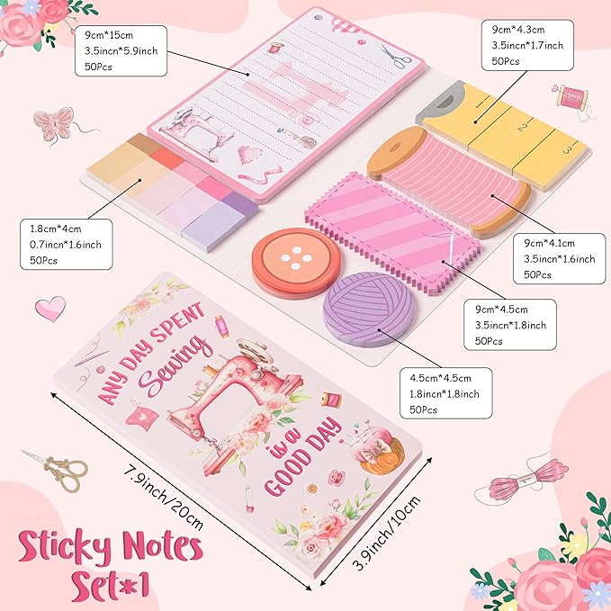 Xqumoi Retro Sewing Sticky Notes Set - Any Day Spent Sewing is A Good Day Self-Stick Note Pads Teacher Appreciation Notepads Writing Memo Pad Page Marker Back to School Office Supplies (Pink)
