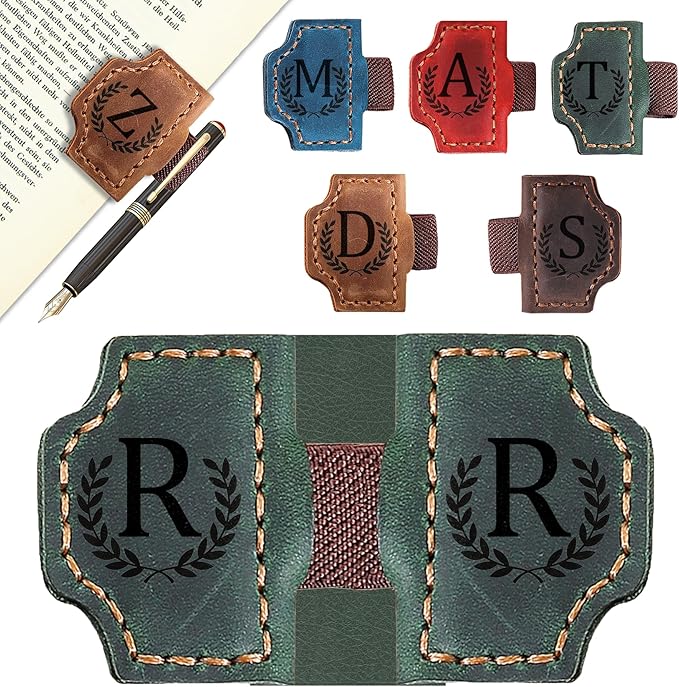 Bygone Mark Bookmark with Pen Holder, 26 Letters Name Initial Personalized Magnetic Bookmarks, Leather Book Mark for Men Women, Travelers Accessories, Teachers Readers Book Lovers Gifts (Green, R)