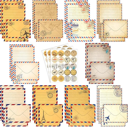 TaoBary 160 Pcs Stationery Paper Set 50 Double Sided Stationery Papers with 50 Matching Envelopes and 60 Round Dot Sticker, 10 Design(Vintage Airmail,5.5 x 8.25 Inch)